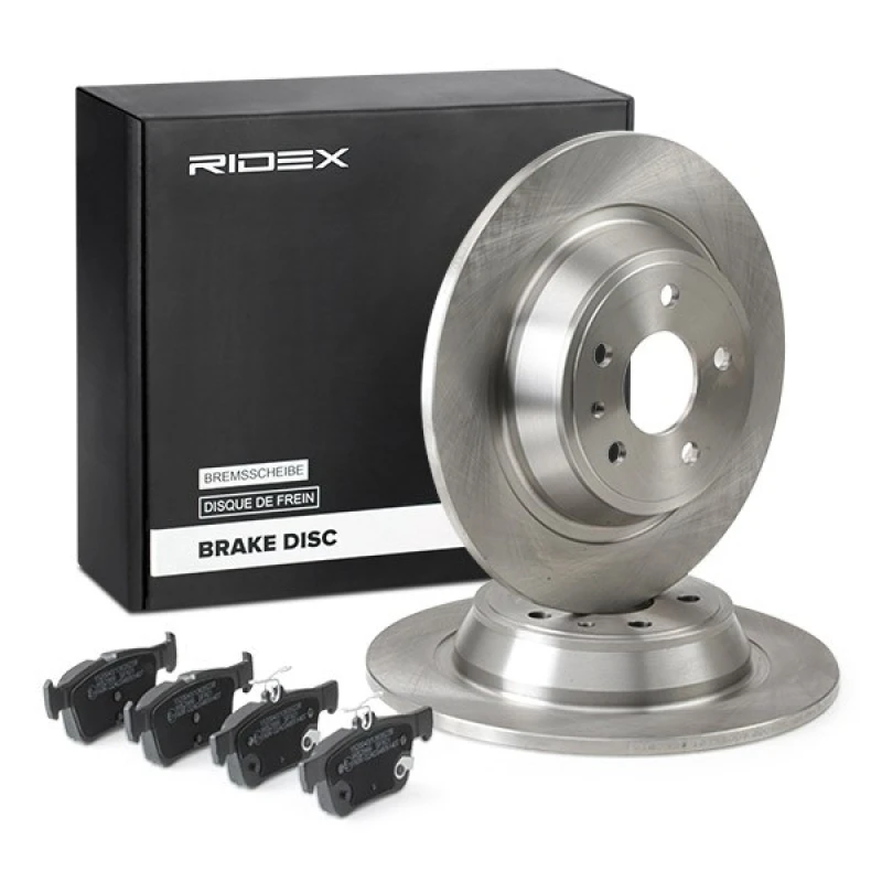 Image of RIDEX 3405B1314 Brake disc and pads set Rear Axle, Brake Disc Type: Solid, without integrated wear sensor Brake Set,disc brakes (3405)