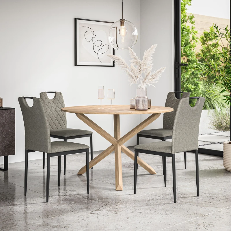 Image of More4Homes Malvern Round Dining Table And Chairs - Oak Table Top W Solid Oak Legs + Monza Fabric Dining Chair Set Of 4 (Grey)