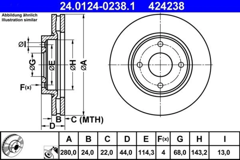 Image of ATE 24.0124-0238.1 Brake disc Vented, Coated Brake Disc (82)