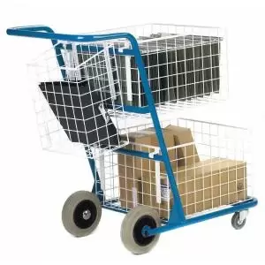 Image of Medium Premium Mail Distribution Trolley with Rear Pannier Basket Blue