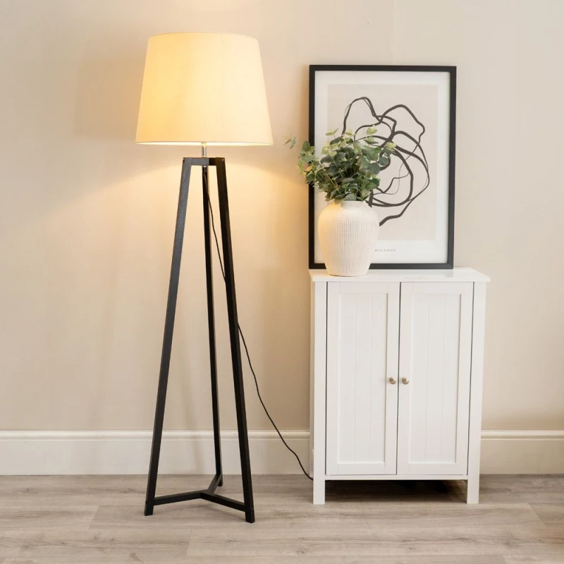 Image of ValueLights Lottie Black Wood Tripod Floor Lamp with Fabric Tapered Shade Cream