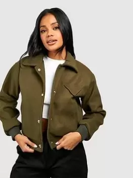 Image of Boohoo Wool Look Crop Bomber Jacket - Khaki, Green, Size 16, Women