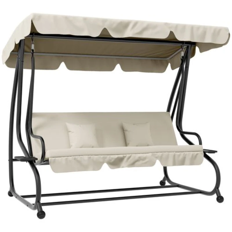 Image of Outsunny 2-in-1 Garden Swing Chair for 3 Person w/ Adjustable Canopy, Cream Off White