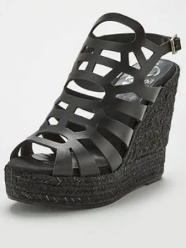 Image of KANNA Sofia20 Esapdrille Cut Out Platform Wedge Sandal - Black, Size 8=41, Women