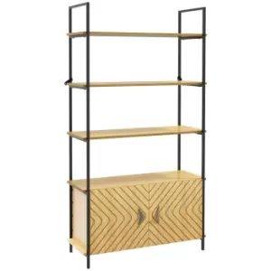 image of HOMCOM 4-Tier Metal Display Shelf with Double Door Cabinet & Metal Frame for Living Room, Bedroom-Oak Tone