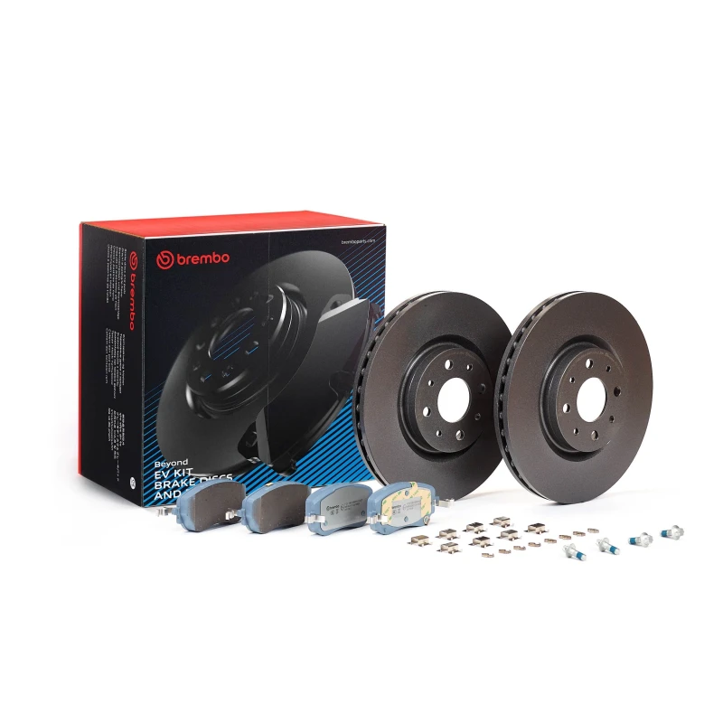 Image of BREMBO KT 08 045 Brake disc and pads set BEYOND LINE - EV Brake Disc Type: internally vented, with acoustic wear warning, with bolts/screws Brake Set