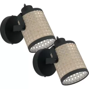 Image of 2 PACK LED Wall Light / Sconce Black & Wicker Pattern Adjustable Shade 10W E27