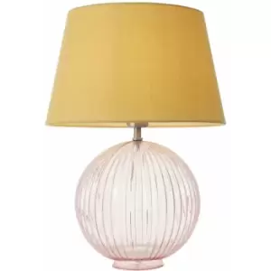 image of Loops - Table Lamp Dusky Pink Ribbed Glass & Yellow Cotton 40W E27 Bedside Light