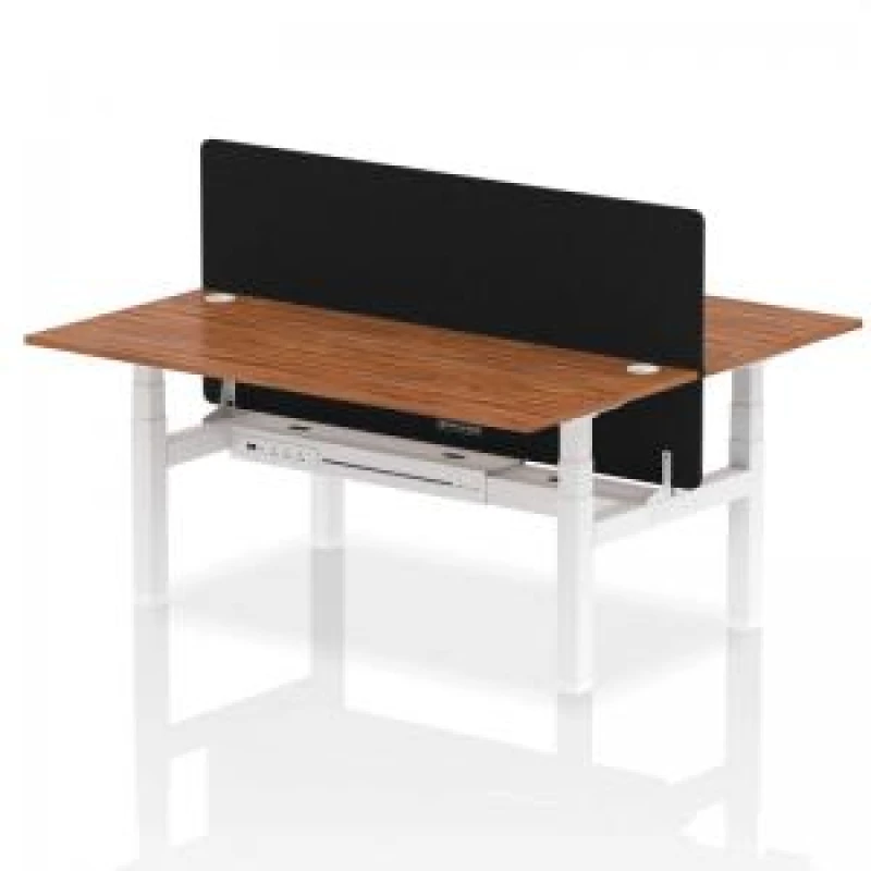 Image of Air Back - to - Back 1800 x 800mm Height Adjustable 2 Person Bench Office Desk Walnut Top - Cable Ports White Frame - Black Straight Screen