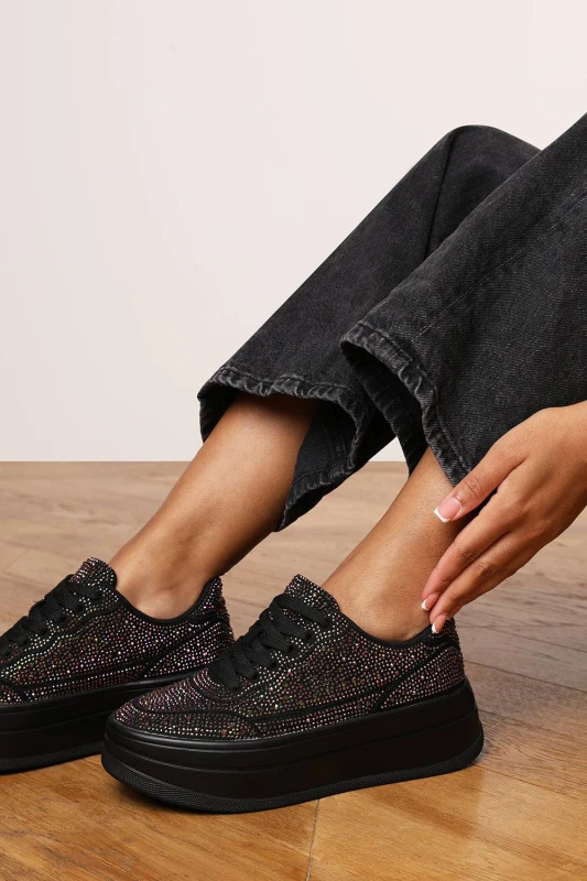 Image of Where's That From Womens 'Darcia' Wedge Lace Up trainer with diamante Detail in Black Size: 4 Black Female 4