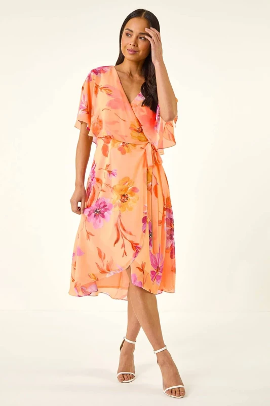 Image of Roman Womens Petite Floral Tie Front Cape Dress in Peach Size: 18 Peach Female 18
