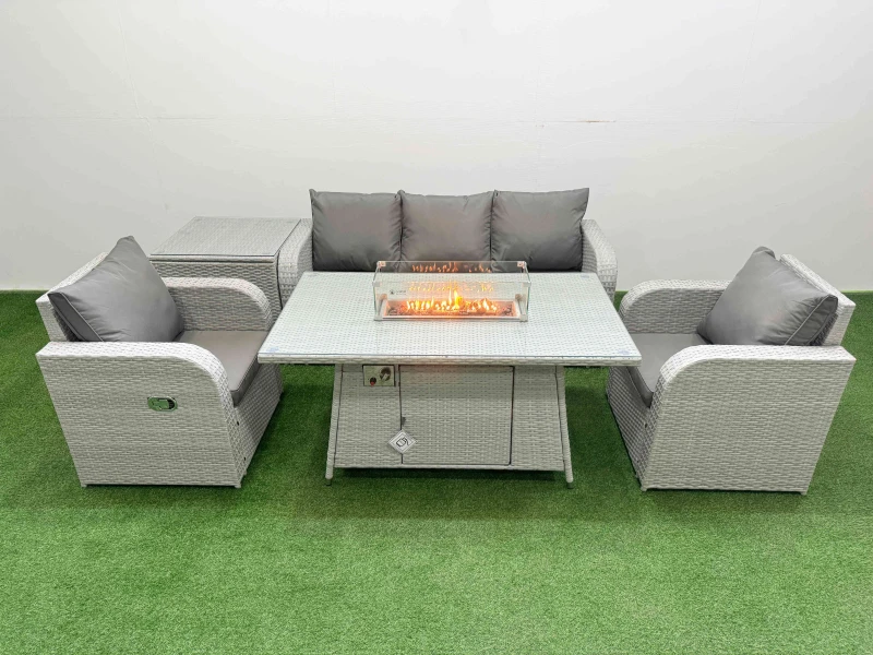 Image of Fimous PE Rattan Garden Furniture Set Reclining Chair Sofa Lounge Sofa Set Firepit Dining Table Side Table Light Grey Light Grey
