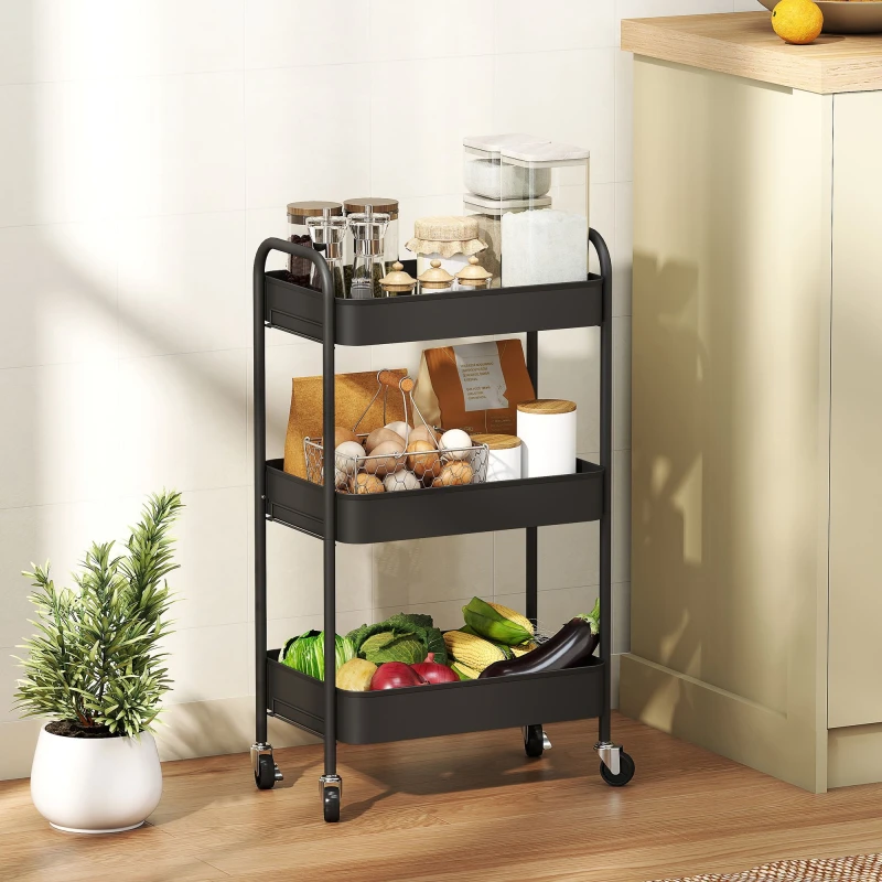 Image of HOMCOM HOMCOM 3 Tier Storage Trolley on Wheels Rolling Utility Cart with 3 Baskets in Black One Size Unisex 5063603049635