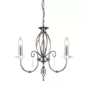 Image of 3 Bulb Chandelier Cut Glass Droplets Curved Stem Polished Nickel LED E14 60W