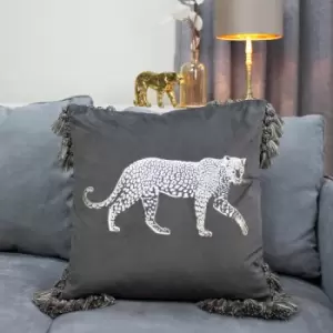 Image of Paoletti - Roscoe Leopard Foil Print Faux Velvet Tasselled Cushion Cover, Grey, 45 x 45 Cm