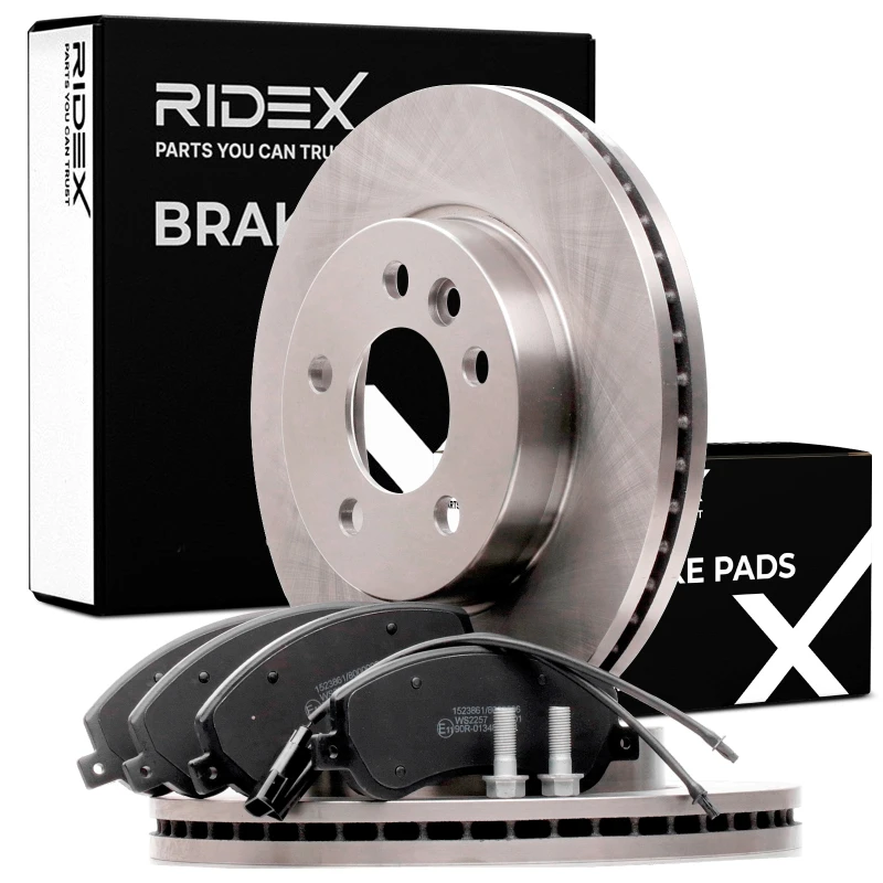 Image of RIDEX 3405B0430 Brake disc and pads set with accessories, Front Axle, Brake Disc Type: Vented, incl. wear warning contact, with brake caliper screws