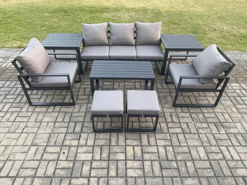 Image of Fimous Aluminium Patio Outdoor Furniture Set 8 Pcs Garden Sofa with Oblong Coffee Table 2 Small Footstools 2 Armchairs 2 Side Tables Dark Grey Dark Gr