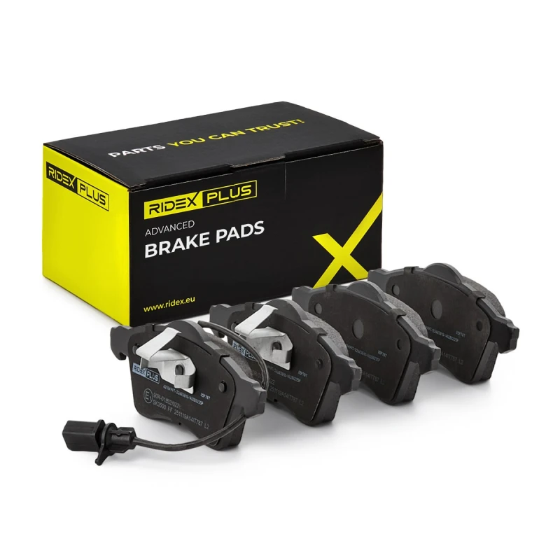 Image of RIDEX PLUS 402B0235P Brake pad set with integrated wear warning contact, without accessories, with anti-squeak plate Brake Pad Set,disc brake (402)