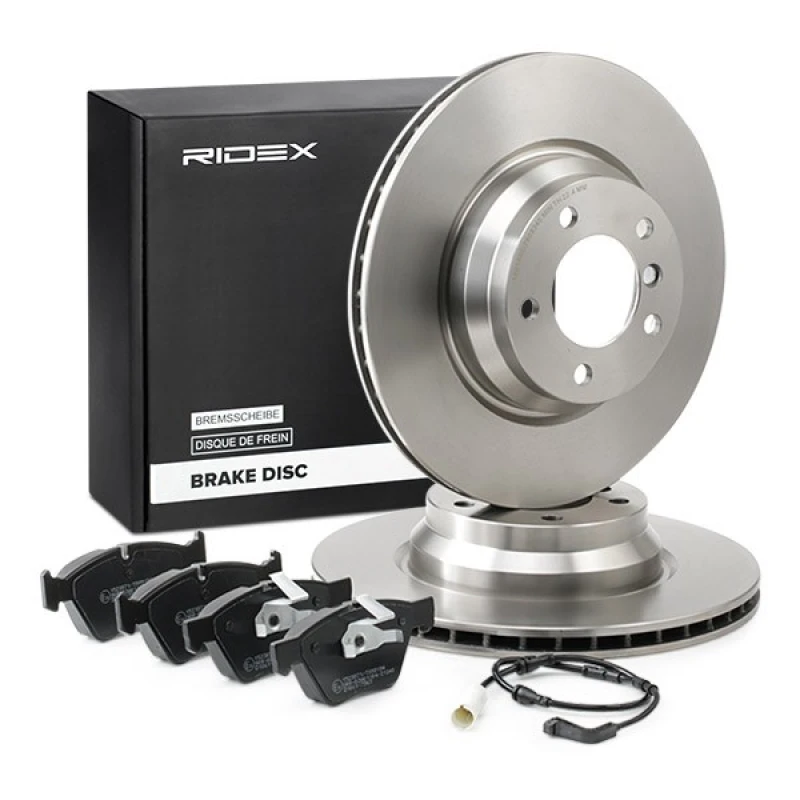 Image of RIDEX 3405B1658 Brake disc and pads set without accessories, Front Axle, Brake Disc Type: Vented, incl. wear warning contact, with piston clip Brake