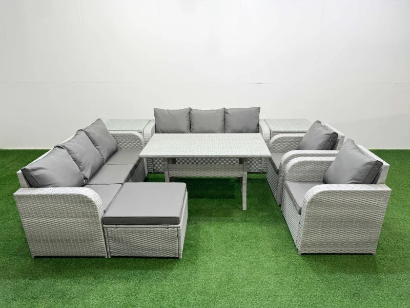 Image of Fimous PE Rattan High Back Lounge Sofa Set Patio Rectangular Dining Table & Chairs Set with 3 Seater Sofa Reclining Chair Big Footstool 2 Side Table L