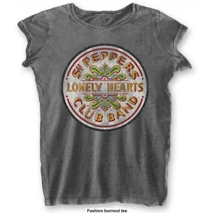 Image of The Beatles Sgt Pepper Drum with Burn Out Finishing Ladies Large T-Shirt - Grey