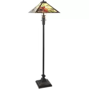 image of 1.6m Tiffany Twin Floor Lamp Matt Black & Flowers Stained Glass Shade i00019