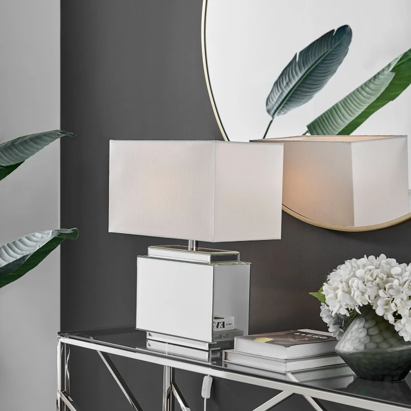 Image of FurnitureboxUK FurnitureboxUK Saanvi Energy Efficient Mirrored Glass & Metal Table Lamp Light With Fabric Shade (Including Bulb) in White White One Si