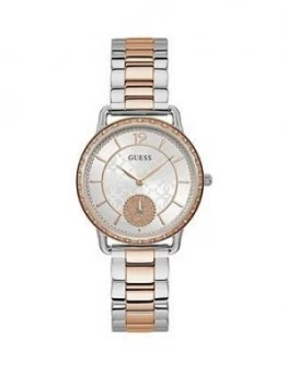 Image of Guess Guess Astral Silver Sunray And Rose Dold Detail Crystal Set Dial Two Tone Stainless Steel Bracelet Ladies Watch