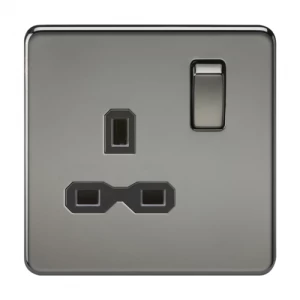 Image of KnightsBridge 1G DP 13A Screwless Black Nickel 230V UK 3 Pin Switched Electrical Wall Socket - Black Insert