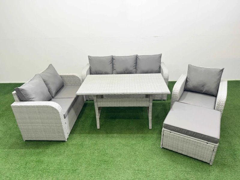 Image of Fimous Patio PE Wicker 7 Seater Outdoor Rattan Furniture Sofa Sets with Rectangular Dining Table Reclining Chair Loveseat Sofa 3 Seater Sofa Big Foots