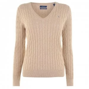 image of Gant Cable Knit V Neck Jumper - 287 Sand Mel