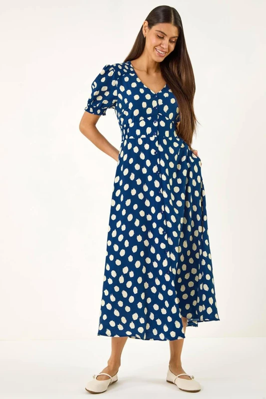 Image of Roman Womens Spot Print Button Midi Dress in Navy Size: 12 Navy Female 12