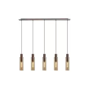 image of Blake Slim Linear Ceiling Pendant, 5 Light Adjustable E27, Mocha, Amber Glass