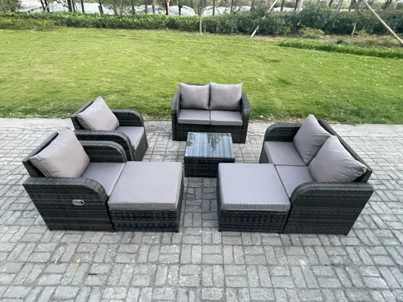 Image of Fimous 8 Seater High Back Rattan Garden Furniture Set with Square Coffee Table Love Sofa Reclining Chair Indoor Outdoor Patio Lounge Sofa Set Dark Gre