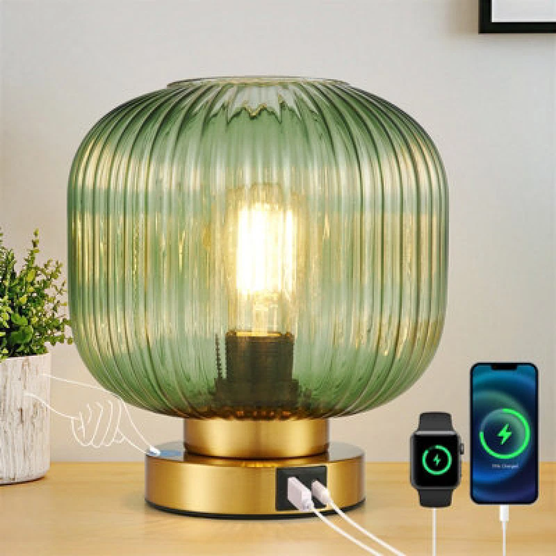 Image of Harper Living Table Lamp With Usb-C & Usb-A Charging Ports, Touch Control Dimmable E27 Desk Lamp, Green Glass Shade