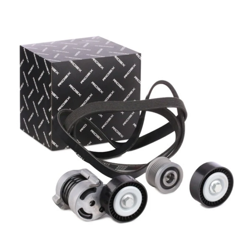 Image of RIDEX 542R0429 V-ribbed belt set Check alternator freewheel clutch & replace if necessary, Pulleys: with freewheel belt pulley V-Ribbed Belt Set (542