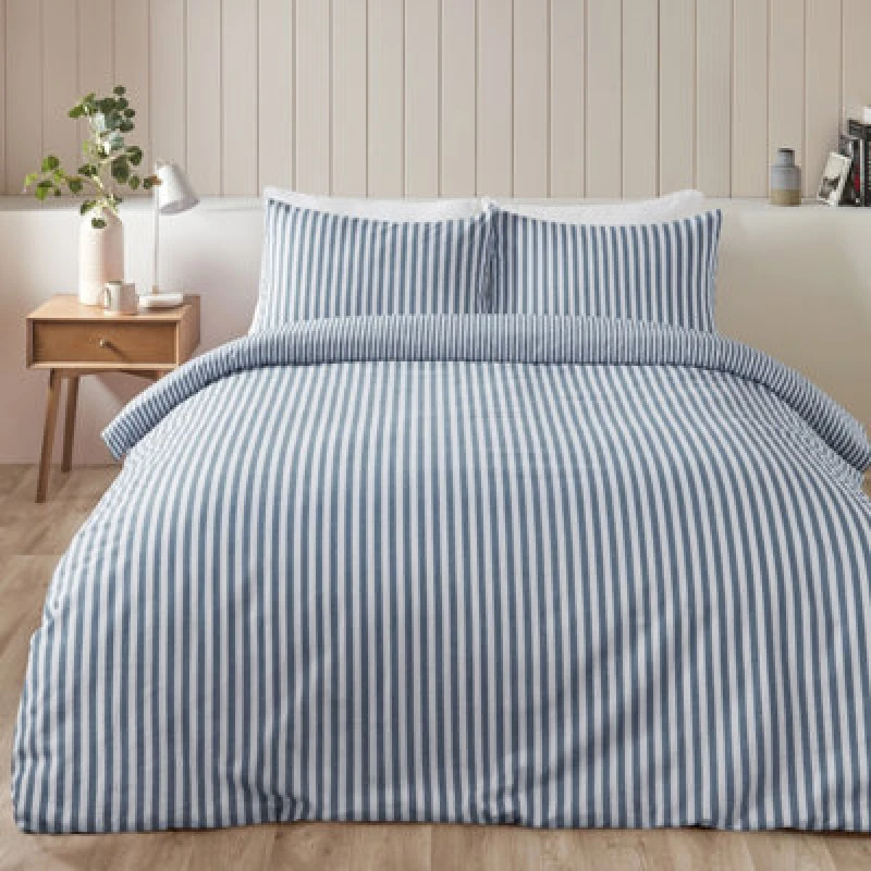 Image of Catherine Lansfield Catherine Lansfield 'Brushed Cotton Stripe' Duvet Cover Set in Blue Size: Double Blue Double Unisex 5057681153537