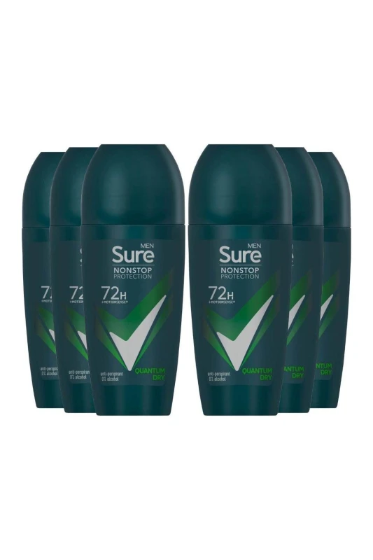Image of Sure Men 'Antiperspirant Deo' Roll On 72H Protection Quantum Dry, 6x50ml White