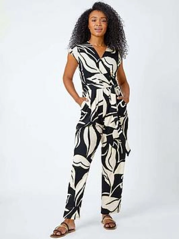 Image of Roman Petite Leaf Print Stretch Jumpsuit Black