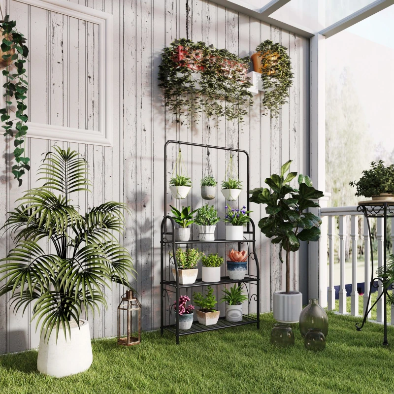Image of Outsunny 3 Tier Plant Stand w/ Hanging Hooks for Balcony Living Room, Black Black