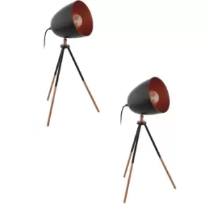 Image of 2 PACK Mini Tripod Table Lamp Desk Light Black & Copper Shade 1x 60W E27