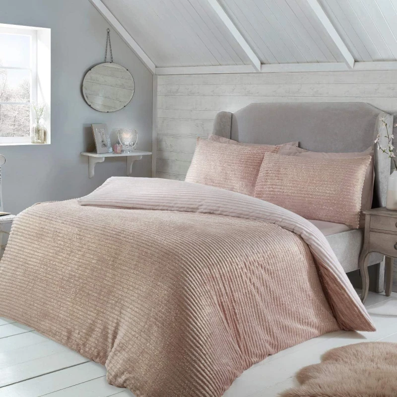 Image of Smart Living Smart Living Luxurious Reversible Sparkle Ribbed Fleece Duvet Cover with Pillowcases in Pink Size: Super King Pink Super King Unisex 50