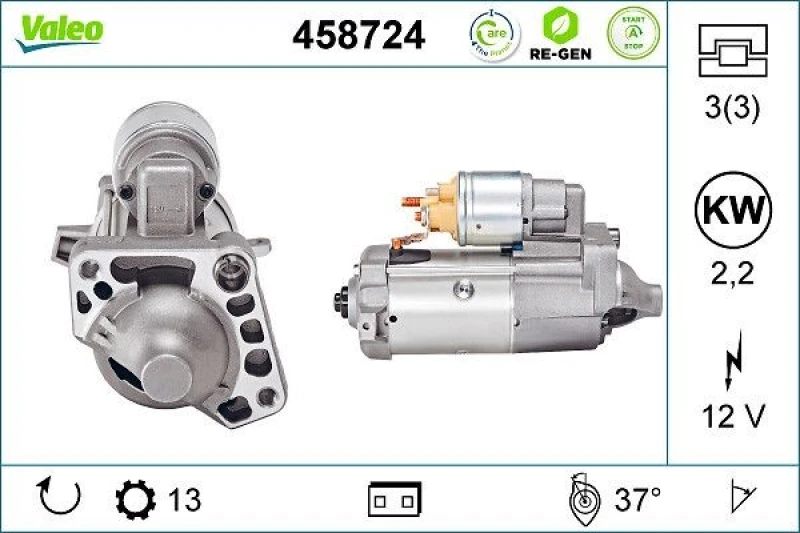 Image of VALEO 458724 Starter motor 2,2kW, 12V, Number of Teeth: 13 Starter (2)