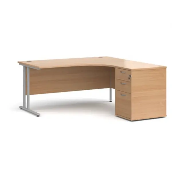 Image of Office Desk Right Hand Corner Desk 1600mm With Pedestal Beech Top With Silver Frame Maestro 25
