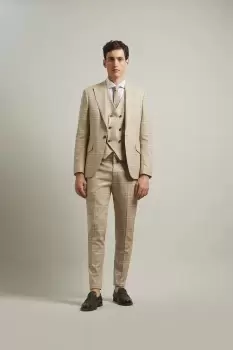 Image of Mens Skinny Fit Stone Textured Check Suit Jacket