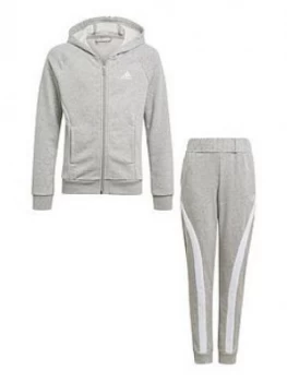Image of adidas Girls Junior Hooded Co-Ord Tracksuit - Grey/White, Size 11-12 Years, Women