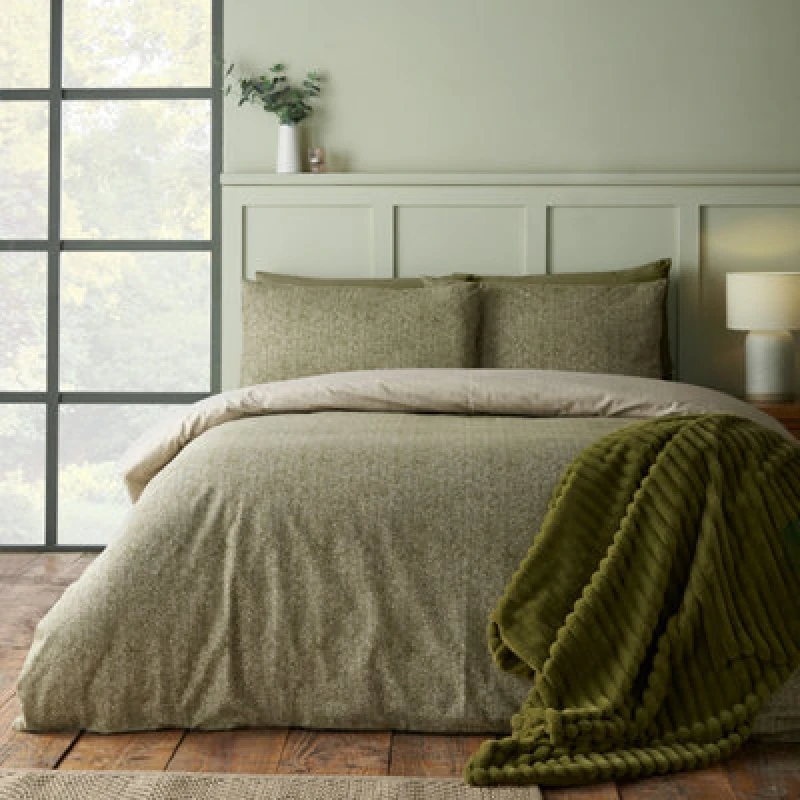 Image of Catherine Lansfield Brushed Herringbone Cotton Reversible Double Duvet Cover Set With Pillowcases Green
