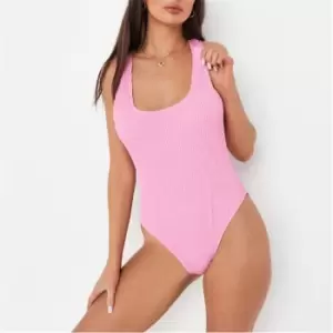 image of Missguided Petite Crinkle Scoop Neck High Leg Swimsuit - Purple