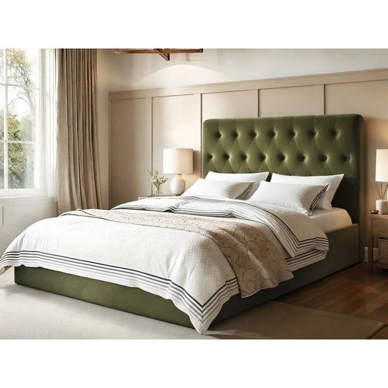 Image of Flair Marley Buttoned Headboard Ottoman Bed Green Velvet Size: Double Green Unisex Double