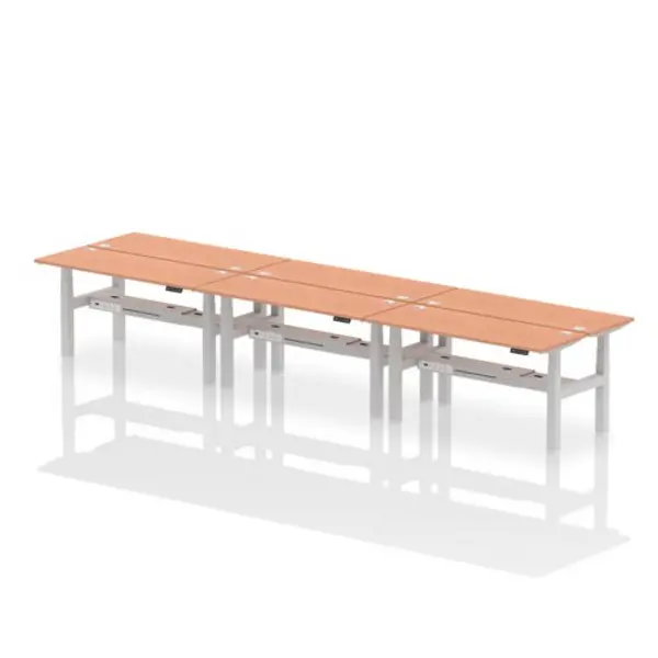 Image of Air Air Back-to-Back 1600 x 600mm Height Adjustable 6 Person Bench Desk Beech Top with Cable Ports Silver Frame HASCP6P16600BCHS